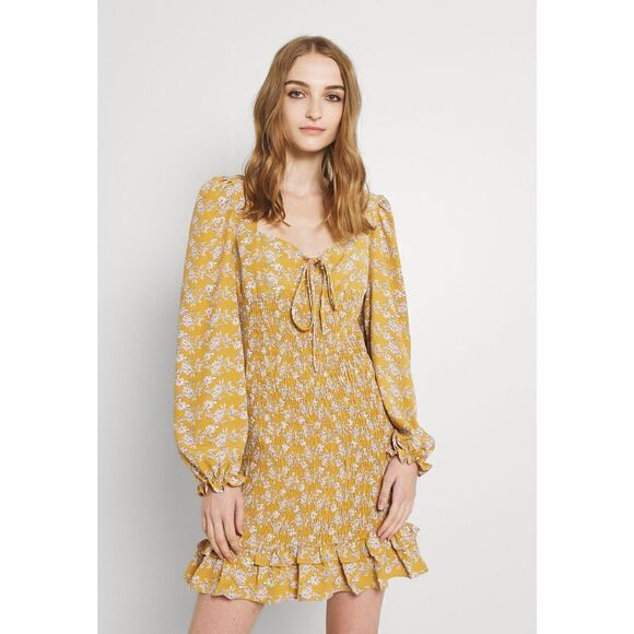 💕HOST PICK💝 Glamorous PUFF LONG SLEEVE SMOCKED MINI DRESS dress Ochre 4 6 8 - Picture 3 of 15